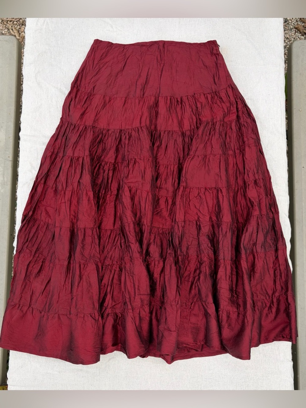 100% Silk Dark Red Tiered Maxi Skirt, Vintage Click Y2K Whimsygoth Fairy Grunge